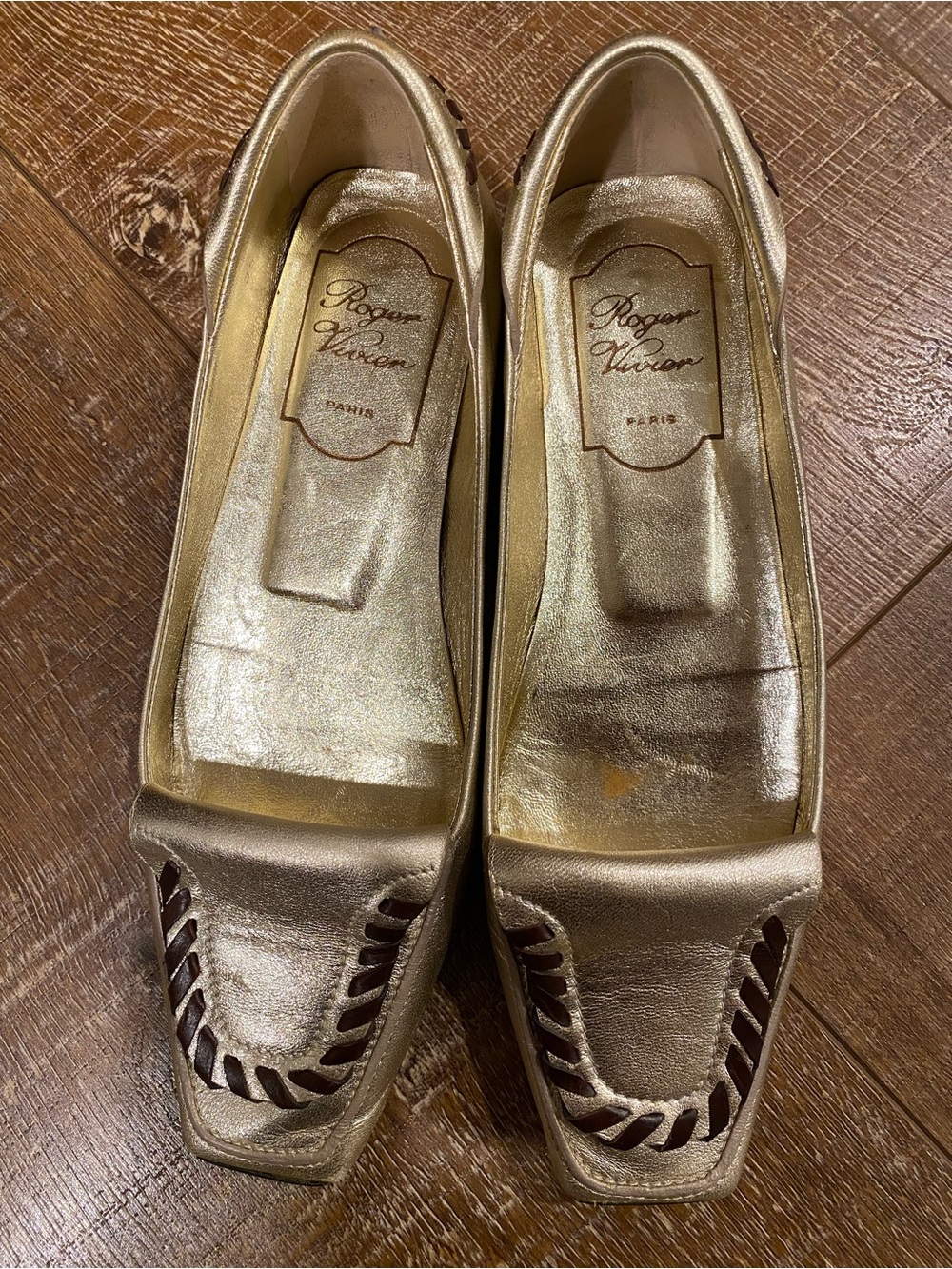 Roger Vivier Metallic Gold Braided-Trim Square Ballet Flats NWOT